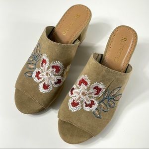 Restricted Faux Suede Tan Embroidered Floral Mules Size 8.5
